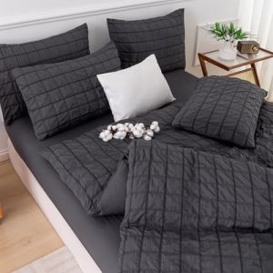 YASMENG Seersucker Housse de Couette 200x200 Gris À Carreaux Seersucker Parure de Lit Doux Respirant Microfibre Linge de Lit 2 Personne Adulte avec Fermeture Éclair avec 2 Taies d'oreiller 65x65 cm (Tamir Zhang, neuf)