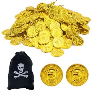 OHREN 100 Pièces Pirate Pièces d'or, Enfants Jouets avec Sac de Rangement, Le Trésor de Chasse, Accessoires Pirate, Décoration Pirate pour Anniversaire Pirate ou Faveur de Fête (whyqiqi, neuf)