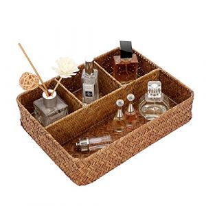 OLegei Panier de rangement en osier panier d&rsquo;&eacute;tag&egrave;re corbeille tress&eacute; bo&icirc;te de rangement avec 4 compartiments organisateur de table pour comptoir, bureau, &eacute;tag&egrave;re (caramel) (SunGiRay, neuf)