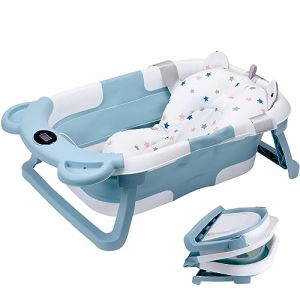 Baignoire Pliable Bébé, Baignoire Pliante avec Thermometre Bain et Bouchon de Vidange, Beignoire Bébé Pliante avec Coussin Baignoire Bebe, Antidérapant Baignoire Pliable Bébé 0-2ans (demiawaking, neuf)