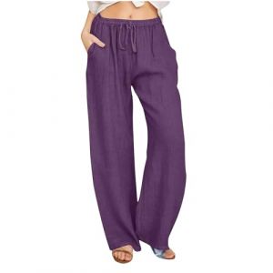 Pantalon Fluide Femme Été Fluide Coton Lin Taille Haute Elastique Décontractés Pantalons Mode Chanvre Confortable Jogging Plage Rétro Pants Léger Respirant Pantalon avec Poches (⭐⭐⭐⭐⭐Susenstone, neuf)