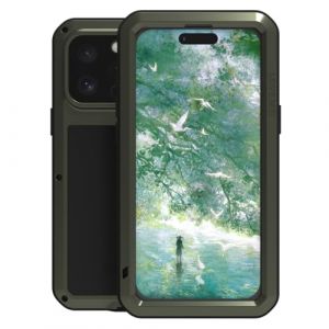 LOVE MEI Coque pour iPhone 16 Pro Max, Coque Rigide Militaire tr&egrave;s r&eacute;sistante aux Chocs, &agrave; la poussi&egrave;re et &agrave; la salet&eacute;, &eacute;tanche, Hybride Aluminium+Silicone+Verre tremp&eacute; (Vert) (iCover Case Store, neuf)