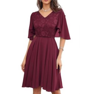 GRACE KARIN Femme Robe à Manches Courtes Cape Col en V Robe d'Été au Genou Forme Trapèze Robe de Cocktail en Mousseline de Soie 46 Bordeaux (Claroine EU, neuf)