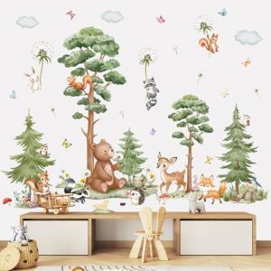 wondever Stickers Muraux Animaux Forêt Arbre Grand Autocollants Muraux Mural Stickers Ours Cerf Renard Pissenlit pour Chambre Enfants Bébé Pépinière Salon (Wondever EU, neuf)