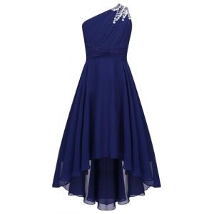 Runhomal Asym&eacute;trique Robe C&eacute;r&eacute;monie Ado Fille Enfant Robe de Cocktail Soir&eacute;e Bal Robes de Demoiselle d&rsquo;Honneur Mariage 5-16 Ans Bleu Marine 7-8 Ans (Runhomal EU, neuf)