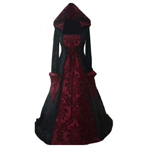 Robe MéDiéVale Gothique Femme Robe à Capuche Manches Flares Vintage Deguisement avec Broderie Floor Length Victorienne MéDiéVale Costumes Robe De Style Gothique pour Carnaval Cocktail FêTe (DEelmd【5-12jours de livraison】⭐⭐⭐⭐⭐, neuf)