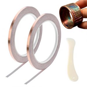 WUYJI Ruban adh&eacute;sif aluminium, 2 rouleaux de ruban adh&eacute;sif en feuille de cuivre de 5 mm x 50 m, ruban adh&eacute;sif en feuille de cuivre sp&eacute;cifique pour guitare, avec raclette en plastique (xioque, neuf)