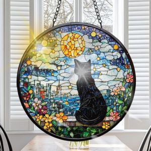 VAIIEYO Chat Noir Attrape-Soleil Suspendu, Attrape-Soleil pour fen&ecirc;tre Animaux, avec Cha&icirc;ne en M&eacute;tal, D&eacute;corations Jardin Fen&ecirc;tre Murales, F&ecirc;te des M&egrave;res, Pendaison de cr&eacute;maill&egrave;re 20x20cm-Rond (VAIIEYO, neuf)