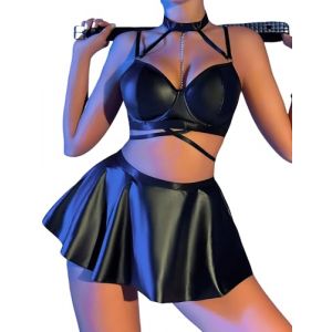 FEOYA Ensemble Lingerie Femme Wetlook Cuir Soutien-Gorge Mini Jupe String 3 Pieces Noir XL (OUYUANEU, neuf)