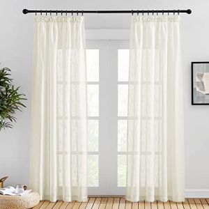PONY DANCE Rideaux Chambre Voilages - Beige Clair Draperies avec Galon Fronceur Voile Texture en Lin avec Motif de Croix Elégant pour Maison, L 140 x H 220 cm, Lot de 2 (RYB HOME EU, neuf)
