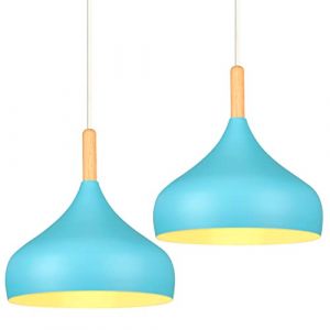 iDEGU Lot de 2 Lustre Suspension R&eacute;tro 24CM Suspension Luminaire Moderne Style Scandinave Plafonnier E27 M&eacute;tal Bois Lampe Suspension pour Chambre Salle &agrave; Manger Cuisine Salon (2 Pack Bleu) (IDEGU, neuf)