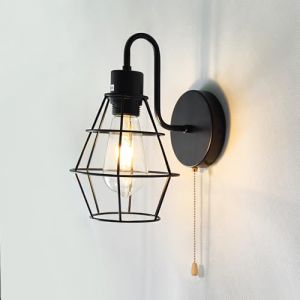 JZCDR Applique Murale Avec Interrupteur à Tirette Industrielles Cage en Métal Lampe Murale Noire Interieur E27 Vintage Luminaire Murale pour Salon Cuisine (JZCDR-FR, neuf)