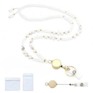 CHUANFU Porte Badge avec Protege Carte, Tour de Cou Badge, Porte Carte Collier Cristal, Lanyard Strap Neck avec Enrouleur, pour Clés, Caméra, Téléphone Portable (Blanc) (CHUANFU, neuf)