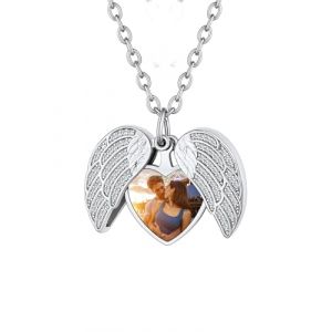 Custom4U Collier Photo Personnalisable Pendentif Aile d'Ange Zirconium Medaillon Photo Argent Bijoux Acier Inoxydable Cadeau Femme (Custom4U Store, neuf)