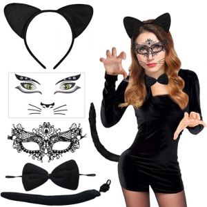 5 Pièces Déguisement Chat Femme, Accessoires de Chat Costume pour Femme, Oreille de Chat Serre Tete, Chat Queue, Visage Autocollants Dentelle Masque pour Fête Carnaval Halloween Cosplay (GOEMKER EU, neuf)