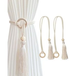FUGLUS 2 Pièces Embrasses de Rideaux en Coton Naturel, Embrasse à Bohème Rideaux Ajustables avec Pendentif Pompon, Rideaux Tissé à La Main avec Boucle Circulaire pour la Chambre à Coucher (Beige) (BOOKING PRICELESS, neuf)