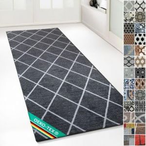 Floordirekt Tapis de couloir avec motif - Tapis &agrave; boucles fines sur mesure - Pour cuisine, couloir et salon - Ornement vintage - Grille orientale (80 x 400 cm, Cosenza noir) (MEISTEREI, neuf)