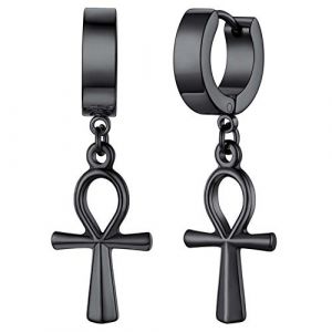 FaithHeart Boucle d'oreille Femme Croix de Vie Égyptien Noir Creoles Pendante Acier Inoxydable Bijoux Croix Ankh Egyptienne (FaithHeart Jewellery, neuf)