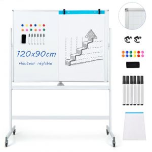 COSTWAY Tableau Blanc Effacable sur Pied 120x90cm, Double Face Quadrillé, Tableau Blanc Mobile Magnétique, 2 Hauteurs Réglables, Cadre en Métal, 12 Aimants, 6 Stylos, pour École, Bureau (Blanc) (FDS GmbH, neuf)