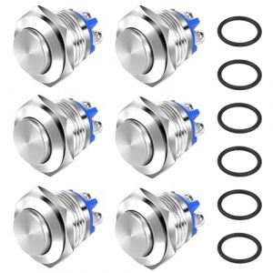 LPZMPZ 6 PCS Bouton Poussoir Momentan&eacute; 2A 12V 24V 36V Etanche, Boutons Poussoirs de Ronde, Interrupteur Poussoir 16mm en M&eacute;tal pour Voiture Camion Sonnette (Haute T&ecirc;te, Argent) (LPZMPZ, neuf)