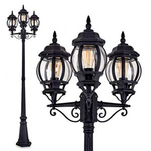 Lampe d'ext&eacute;rieur Kobe, cand&eacute;labre au look antique, fonte d'aluminium en noir avec disques en plastique, lampe d'all&eacute;e &agrave; 3 branches 230 cm, lampe de jardin r&eacute;tro/vintage, E27, IP44, sans ampoules (hofstein, neuf)
