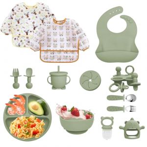 Bizcasa Coffret Repas Bebe 14 pièces,Vaisselle Antiderapant pour Bébé Set Silicone avec Ventouse Assiette Bol Cuillère et Bavoir,Sans BPA,Enfant Set Couverts Vaisselle Pour Sevrage Manger (Vert) (Kidtvan XP Kft., neuf)