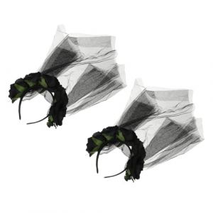 Gatuida 2 pièces Serre-tête Halloween Voile Noir avec Roses Décoratives Bandeau Voilette Dentelle Élégante pour Jour des Morts et Fête Accessoire Floral Gothique pour Déguisement (Queenie ruy, neuf)