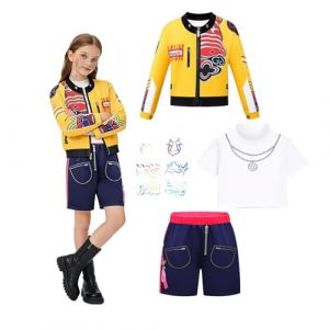 Costume de Chanteur Enfant,Stage Deguisement pour Filles avec Veste,T-shirt,Short,Costume de cosplay Pop Star,Pop Chanteur Dress Up Stage Tenue pour Halloween Carnaval F&ecirc;te Sc&egrave;ne Cosplay (Jaune, 140) (wanakeji, neuf)