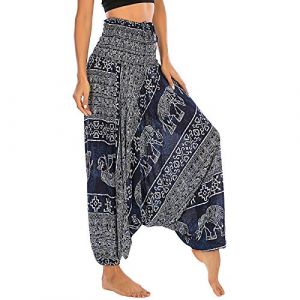 Nuofengkudu Femme Hippie Sarouel Combinaison Pantalon Jumpsuit Taille Haute Large Boheme Fleuri Imprimé Leger Grande Thai Yoga Pants Coloré Ete Plage(S-Éléphant Bleu Foncé,Taille Unique) (better Life, neuf)