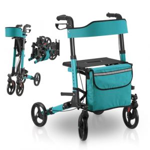 Juskys Déambulateur Vital pétrole- déambulateur pliable et léger en aluminium, pouvant supporter jusqu'à 130 kg de charge - aide à la marche réglable en hauteur avec siège, sac et porte-parapluie (Juskys Gruppe GmbH, neuf)