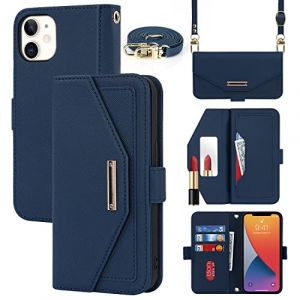 Cavor Coque Compatible avec iPhone 12/12 Pro Etui avec Cordon,Flip Portefeuille Étui Cuir,[5 Porte Cartes][Miroir][Magnétique][Réglable Collier] Housse - Bleu (Copmob, neuf)