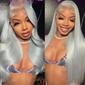 Perruques de cheveux humains en dentelle frontale gris argenté perruque en dentelle transparente 13x4 perruque frontale en dentelle ondulée pour femmes perruque-28 pouces-densité 180-perruque grise 13 (cbldxiaodian, neuf)