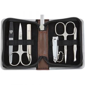 DREI SCHWERTER - Set de manucure &laquo; Ravenna &raquo; de qualit&eacute; sup&eacute;rieure dans un &eacute;tui &agrave; ongles en cuir synth&eacute;tique marron | Contenu : ciseaux &agrave; ongles, ciseaux &agrave; cuticules, coupe-ongles, lime &agrave; ongles (Drei Schwerter GmbH_1, neuf)