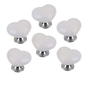 POFET Lot de 6 boutons de tiroir de commode en forme de c&oelig;ur vintage en c&eacute;ramique pour cuisine, armoire, chambre d'enfant - Blanc (POFET EU, neuf)