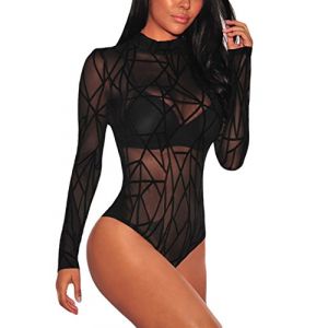 SEBOWEL Body Femme Sexy en Maille Transparente Manches Longues Col Roulé, Col Tortue, Transparent Club Tops Club Party Bodycon T-Shirt (L, Noir) (SEBOWEl, neuf)