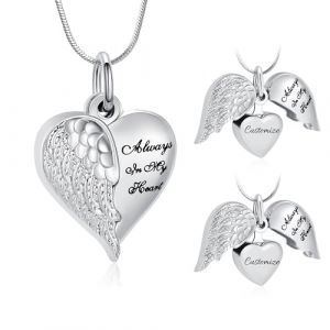 Minicremation Collier urne en forme de cœur avec pendentifs pour cendres, ailes d'ange, bijou de crémation pour homme et femme, souvenir souvenir pour cendres - Bijoux « Always in my Mind Forever in (Minicremation jewelry, neuf)