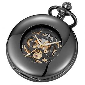 Tiong Montre de poche mécanique vintage steampunk squelette chiffres romains avec chaîne pendentif et coffret cadeau, 19-noir, Classique (YITIAN-EU, neuf)