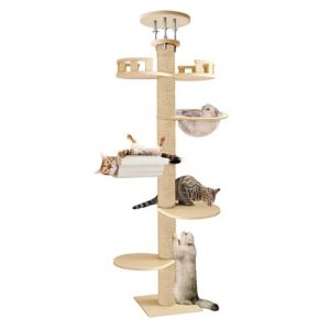 Arbre a Chat Plafond du Sol au Plafond, Arbre &agrave; Chat XXL de Hauteur R&eacute;glable de 2,95 &agrave; 3,1 m, Griffoir pour Chats avec Tour &agrave; 6 Niveaux avec 7 Poteaux &agrave; Griffer en Sisal (Jaune) (DAVID MARKET SHOP, neuf)
