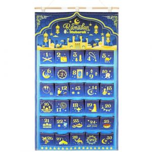HOWAF Calendrier de l'Avent Ramadan en Tissu, Calendrier Ramadan Calendrier du Ramadan Ramadan Calendrier de l'Avent A&iuml;d Suspendre pour DIY Ramadan D&eacute;coration de Porte Murale, Or Bleu, 10X10CM (Lipmok-eu, neuf)