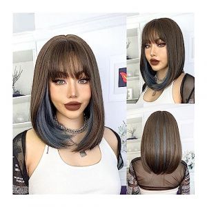 Perruques pour femmes Brun Ombre Bleu Court Bob Perruque De Cheveux Avec Une Frange Perruques Synthétiques for Les Femmes Lolita Cosplay Quotidien Naturel Résistant À La Chaleur Fibre Cheveux Perruque (mengliouzhou, neuf)