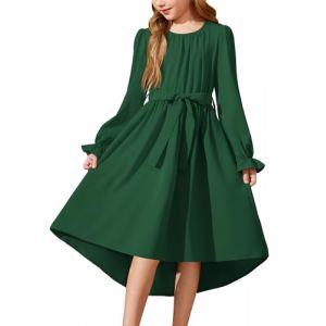 Arshiner Robe d'automne à Col Rond Fille Robe Unie en Mousseline de Soie Taille Haute Robe de Noël Verte Robe de Soirée à Manches Longues avec Ceinture 5-6 Ans (Arshiner Store, neuf)