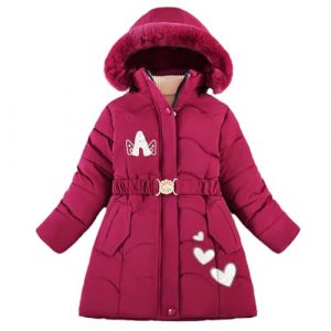 linboo Enfant Fille Manteau d'Hiver mi Long Doudoune Chaud Veste à Capuche Fourrure Matelassé Blouson Imprimée Parka Vêtement d'Extérieur Coupe Vent, Rose rouge, 5-6 ans(Taille de l'étiquette: 120) (TBONBON-EU, neuf)