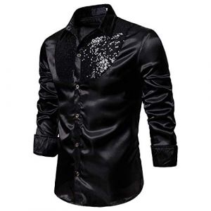 Chemise &agrave; Paillettes pour Homme en Satin de Soie Brillante Disco Party Chemise Veste Tops 2025 Nouvelles Chemises Chemise &agrave; Paillettes Slim Hauts Classique Chemise Chemise Brillante Manches Longues (Beythetly, neuf)
