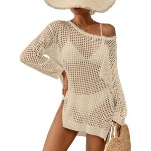 Bsubseach Robe Plage Femme Crochet Bikini Cover Up Djellaba Cache Maillot de Bain Piscine Coverup Pareo Manches Longues Tricot Haut Abricot (Bsubseach-EU, neuf)