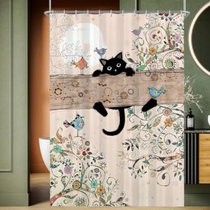 Lerores Rideau de douche 180 x 200 cm - Motif chat noir - Ourlet lest&eacute; - Textile anti-moisissure - Imperm&eacute;able - Lavable - En polyester - Avec 12 &oelig;illets et anneaux de rideau de douche - Pour salle de (fengheyuefei, neuf)