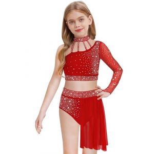 Linjinx Enfant Fille Justaucorps de Gymnastique Robe Danse Classique Lyrique Asymétrique Robe de Patinage Artistique Paillette et Jupe Tutu Costume Performance 5-16 Ans Bourgogne 9-10 ans (Linjinx, neuf)