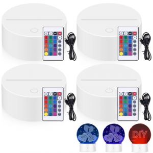 Lot de 4 veilleuses LED 3D, socle LED avec télécommande et câble USB, lampe illusion 3D, 7 couleurs à intensité variable, lampe décorative pour acrylique et plexiglas, lumières décoratives (blanc) (XULAI LIMITED, neuf)