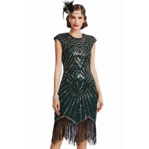 BABEYOND Robe Flapper Charleston Vintage Robe de Bal Robe de soirée Robe de Cocktail Paillettes Femme pour années 20 Gatsby Le Magnifique (Vert Foncé et Doré, XS) (BABEYOND  FR, neuf)