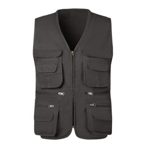 KTWOLEN Homme Gilet de Pêche en Coton Multi-Poches Gilet Sans Manches Veste Légère de Pêche Chasse Camping Gilet de Photographie, Charbon, 4XL (KTWOLEN, neuf)