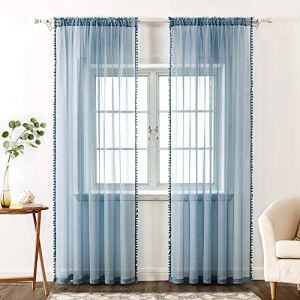 MIULEE Rideau Voilage à Pompons-Voilage Bleu a Oeillets Lot de 2 (2XL140 x H 260 cm), Beaux Rideaux Décoratif Chambre Bebe, Voilage Fenetre Intérieurs Salon, Rideau avec Boule Peluche (MIULEE HOME, neuf)